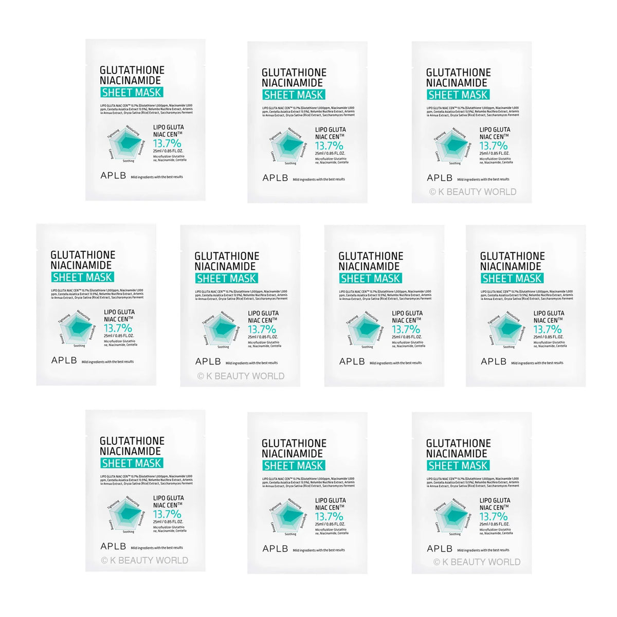 APLB Glutathione Niacinamide Sheet Mask (Set of 10) brightening hydrating Korean face mask self care at home K Beauty World