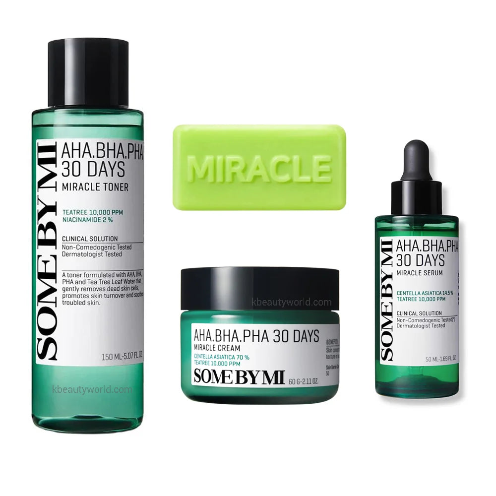 Some By Mi AHA BHA PHA 30 Days Miracle Full Set best Korean skincare routine for oily combination acne prone damaged skin texture K Beauty World