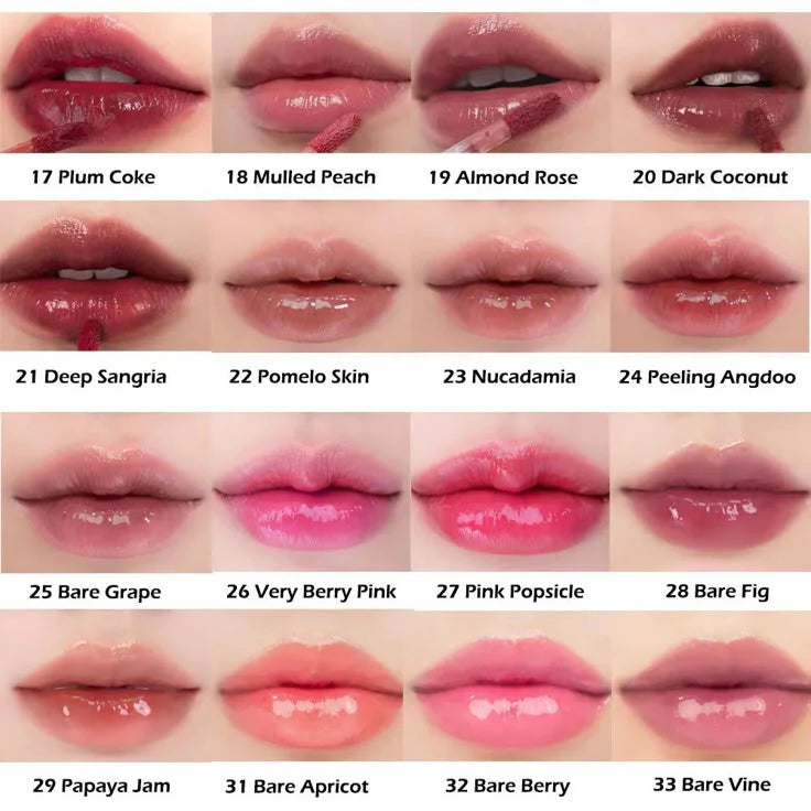 Romand Juicy Lasting Tint 28 Bare Fig 19 Almond Rose 17 Plum Coke 22 Pomelo Skin 23 Nucadamia 25 Bare Grape 29 Papaya Jam K Beauty World